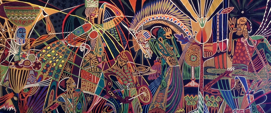 Tapestry by Papa Ibra Tall depicting the Maagala Tuubaa (pilgrimage to Touba). The pilgrimage is an annual gathering to celebrate the return of the religious leader of the Fraternity (Confrerie) of the Maurides and brings together thousands of Muslims. Gift of Senegal to the United Nations.